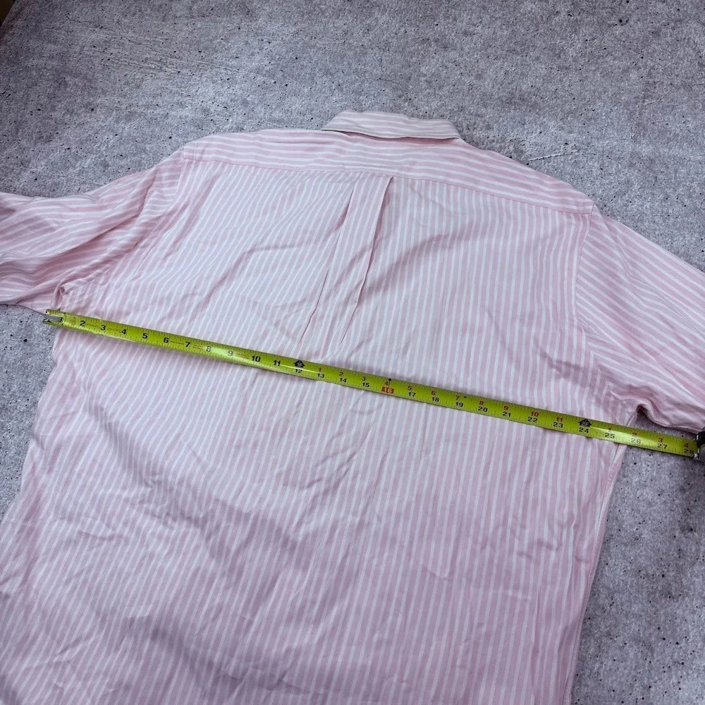 Vintage Polo Ralph Lauren Pink White Striped Button Up Mens L Cotton Blue Pony